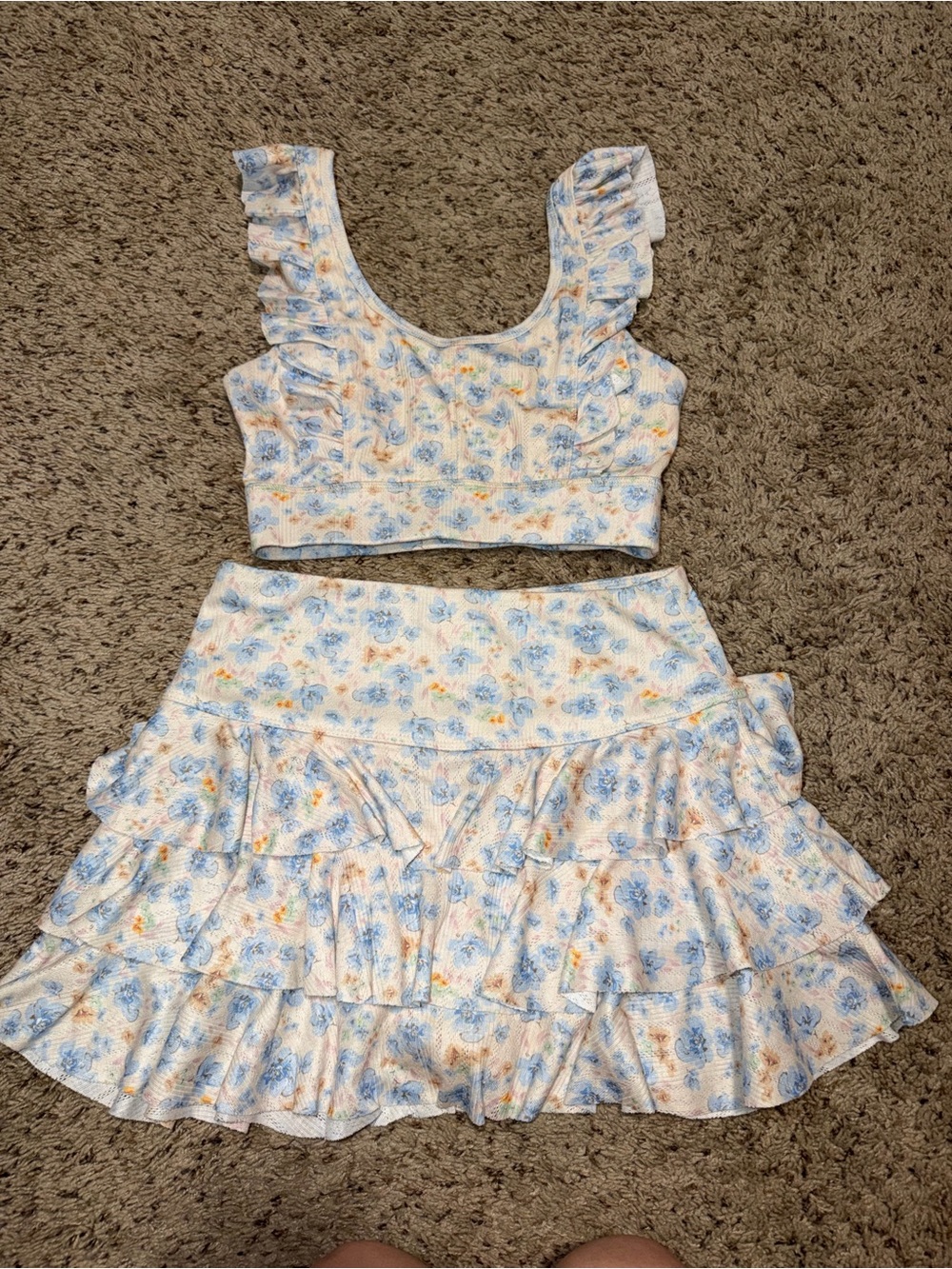 TCEC Blue and White Floral Ruffle Skirt Set